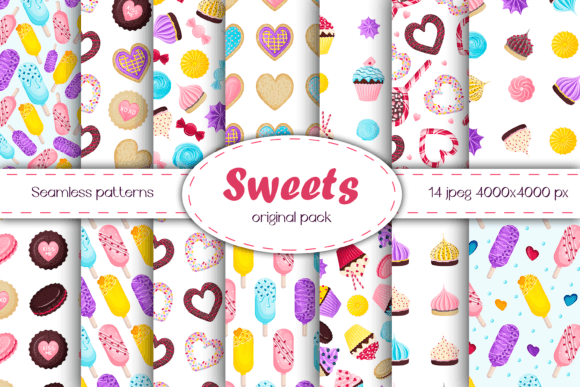 14 Seamless Patterns with Sweets. Backgr
